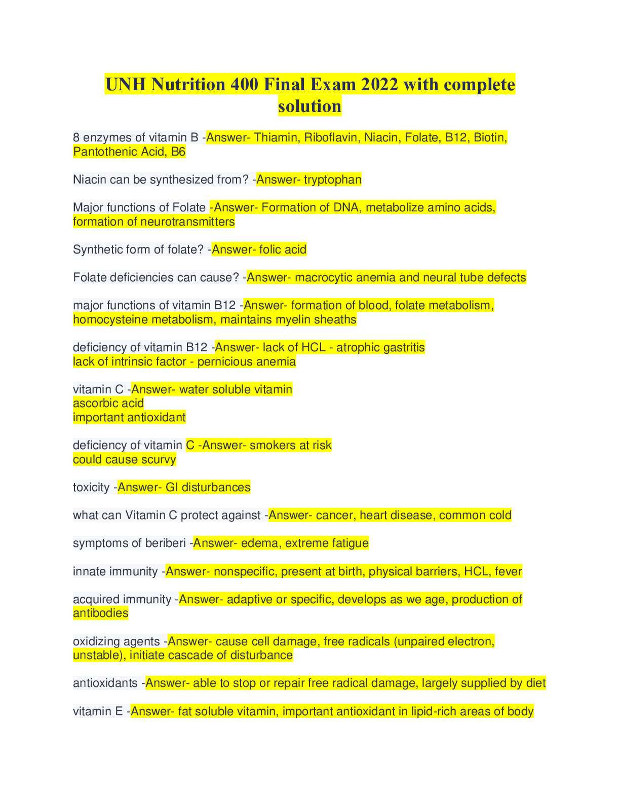 Preview image for UNH Nutrition 400 Final Exam 2022 with complete solution